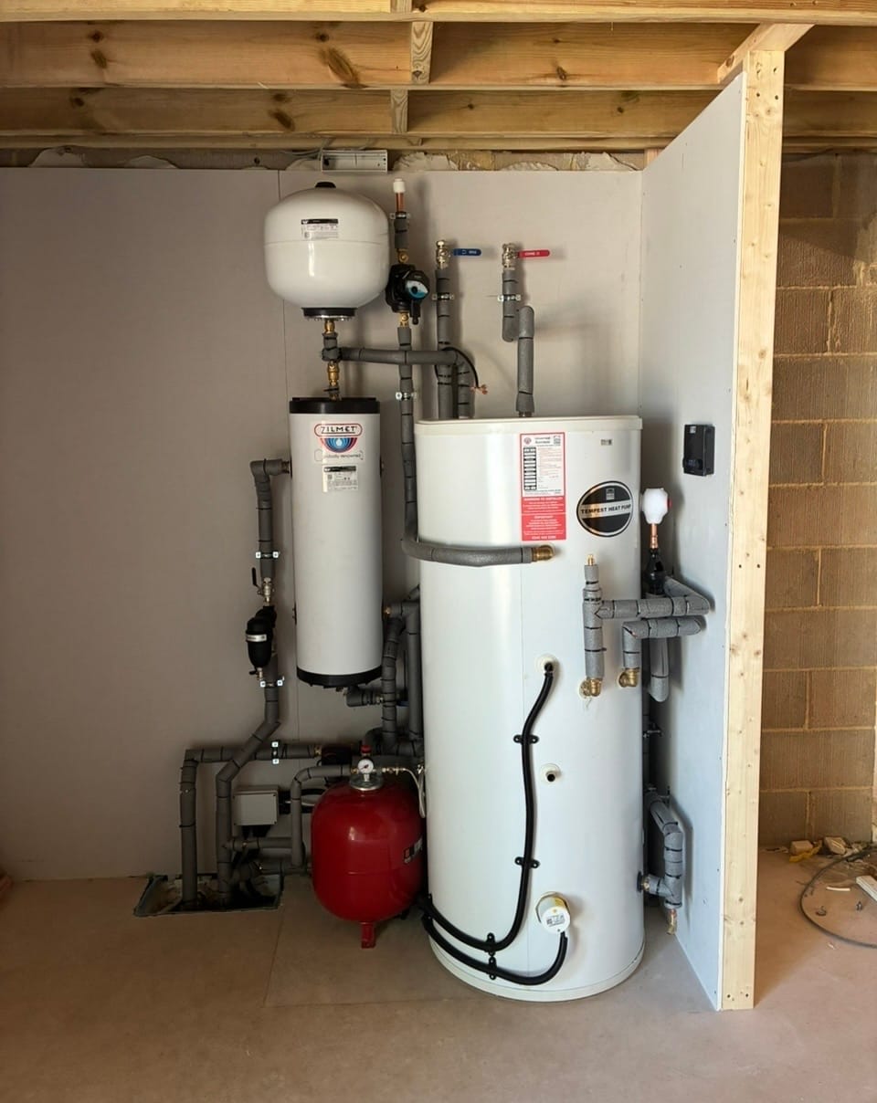 Hot-water cylinder and expansion vessel during a new-build air source heat pump installation in Kent