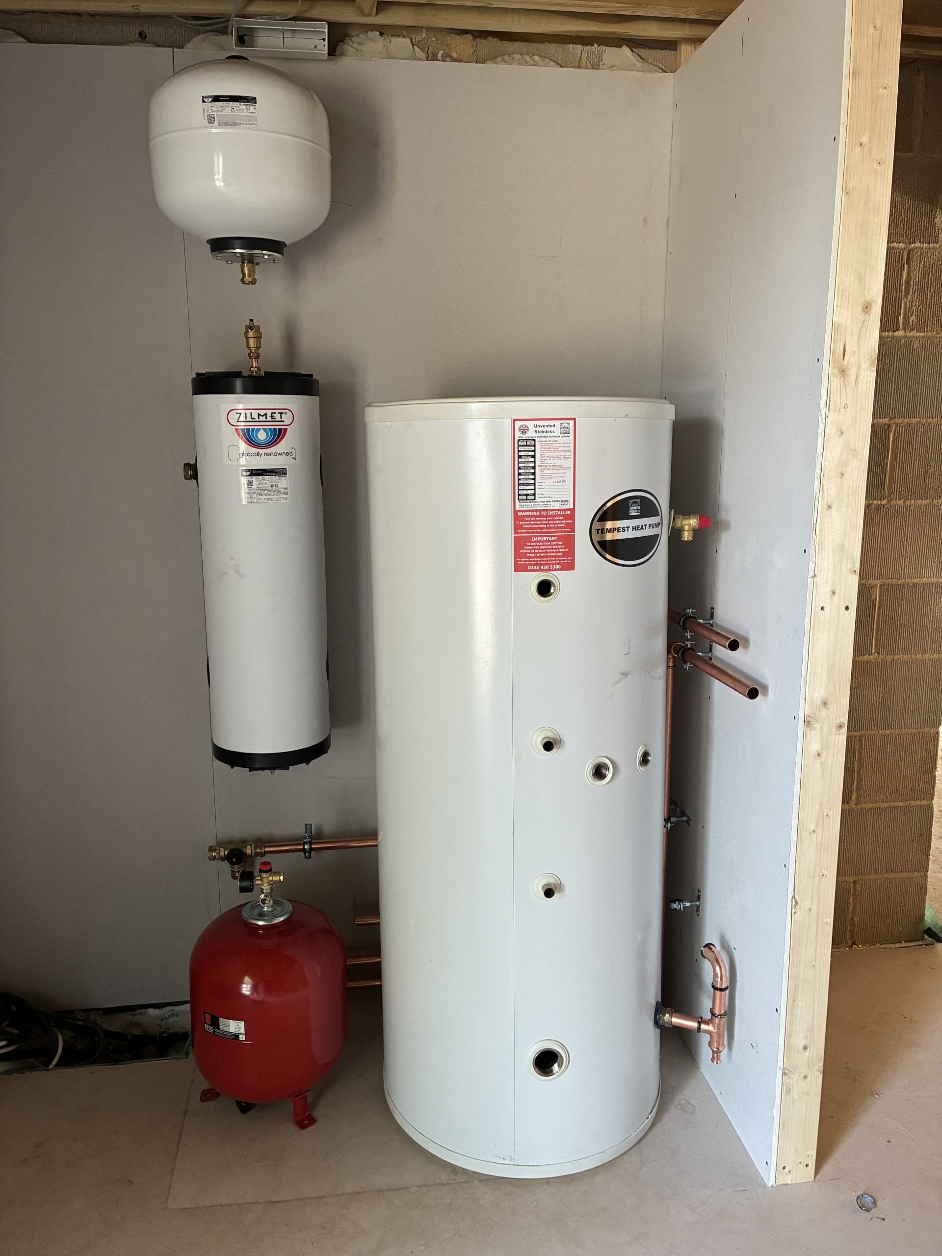 Completed hot-water cylinder and hydraulic plant installation for a Daikin heat pump in Hawkinge Kent